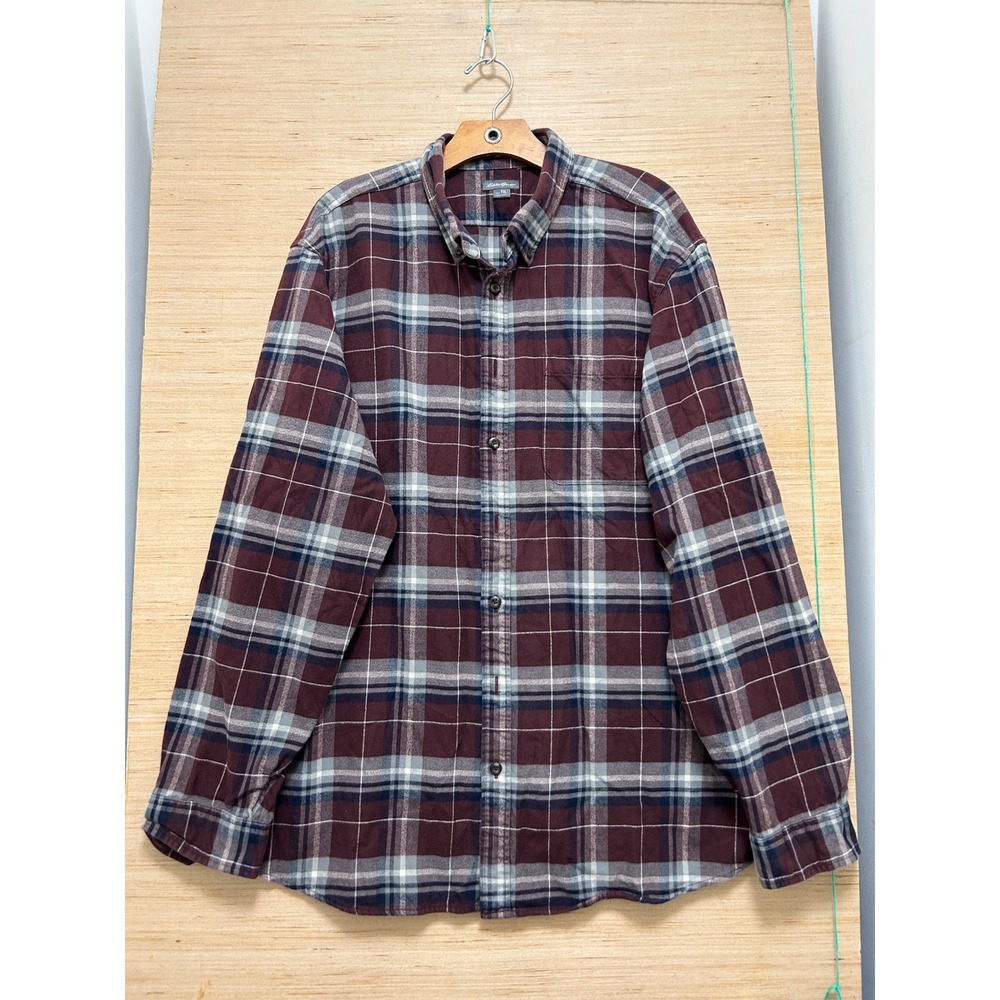 Eddie Bauer Mens TXL Plaid Button Down Shirt Burgundy Gray Relaxed Fit Tall XL